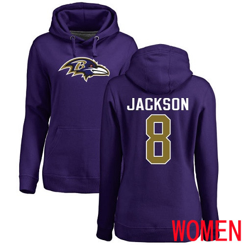 Baltimore Ravens Purple Women Lamar Jackson Name and Number Logo NFL Football #8 Pullover Hoodie Sweatshirt
